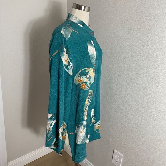 Citron Santa Monica Womens Large Teal 100% Silk Asian Fan Print Button Up Blouse - Picture 3 of 13